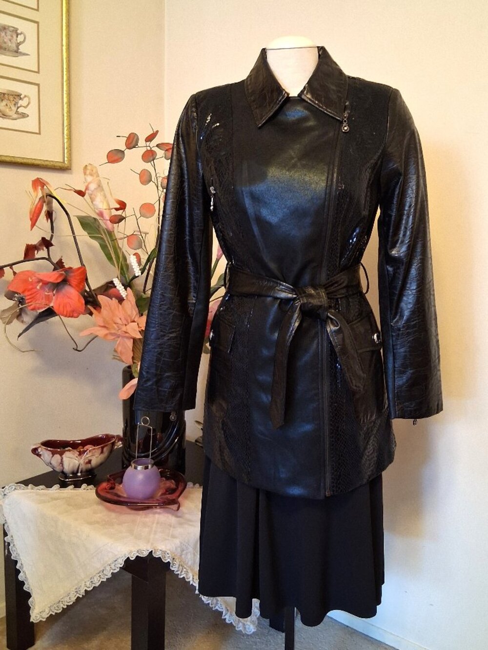 Simon Chang Faux Leather Tailored Winter Coat Jacket with Belt Women M Classic